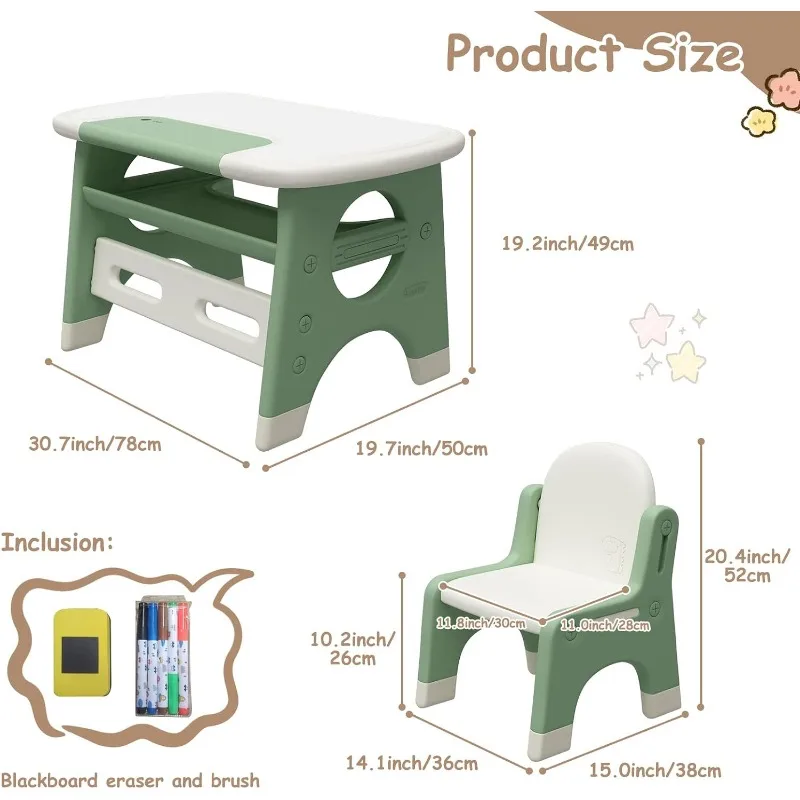 Juego de mesa y silla de dibujo para niños con bolígrafo de acuarela y Borrador de pizarra, mesa de actividades con estante de almacenamiento, muebles para niños pequeños