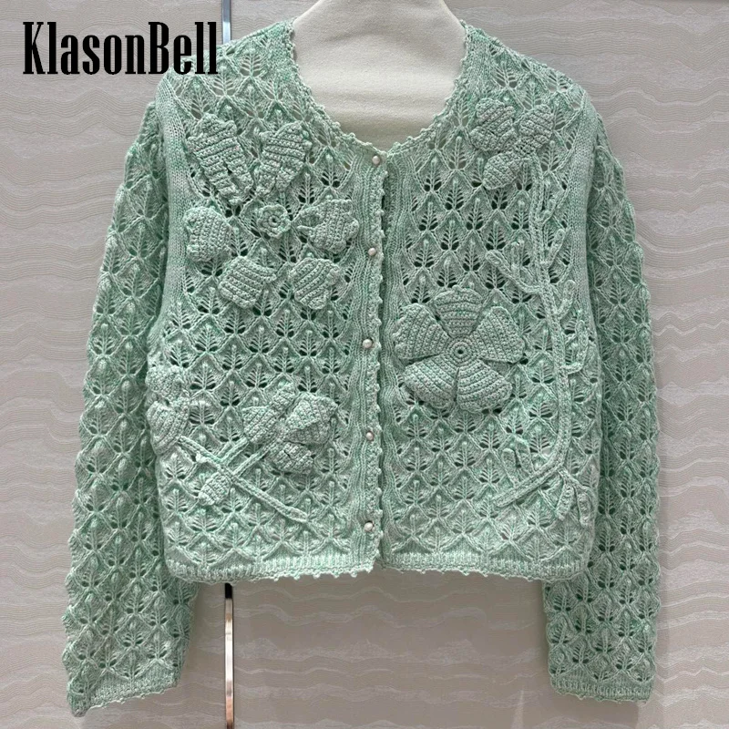 

7.23 KlasonBell Women Hand Crochet Flower Hollow Out Pearl Button Outerwear Elegant Comfortable Cashmere Knit O-Neck Cardigan