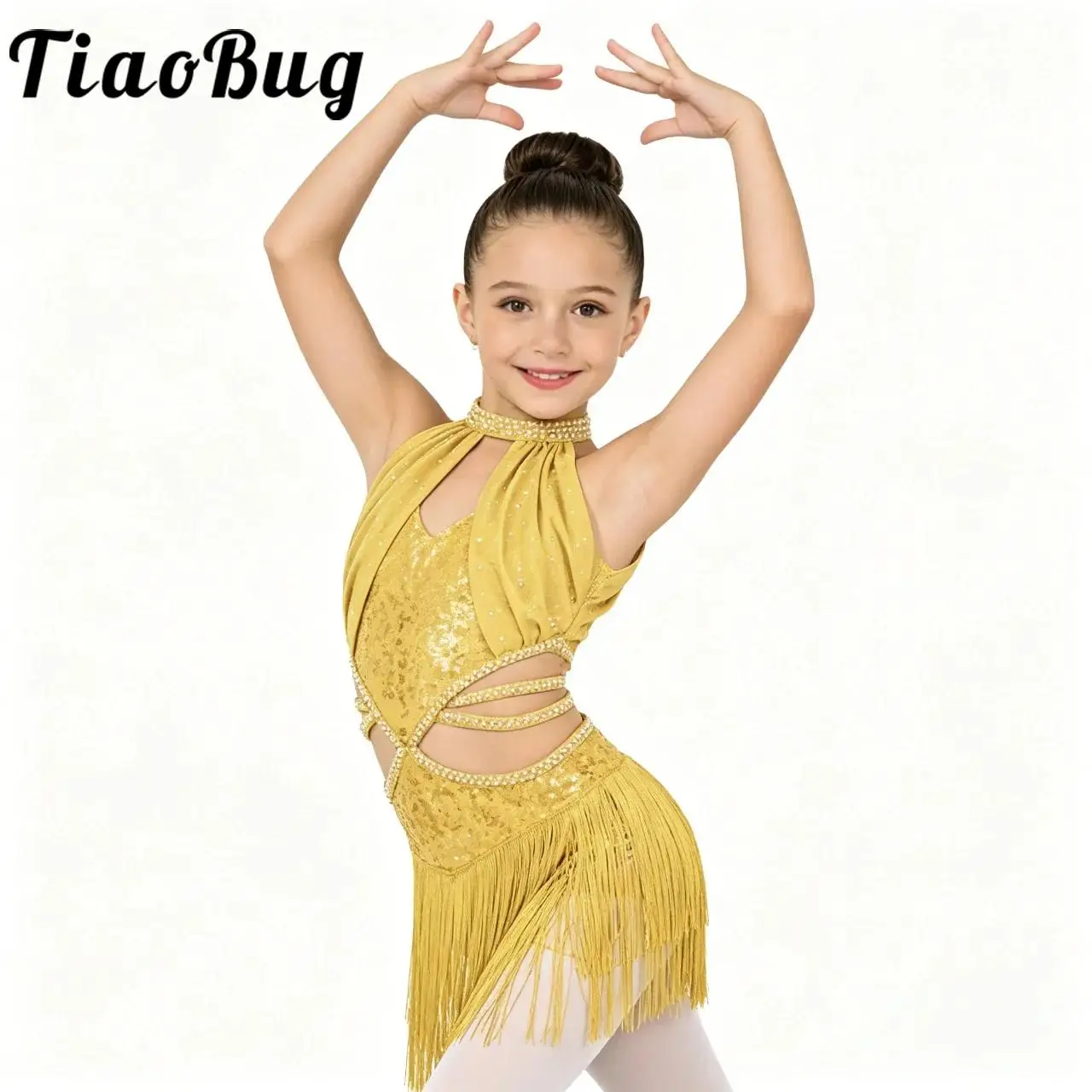 Kids Girls Sequin Sleeveless Latin Dance Dress Set Ruched Mesh Tassel Leotard for Salsa Tango Stage Show Competition Performance