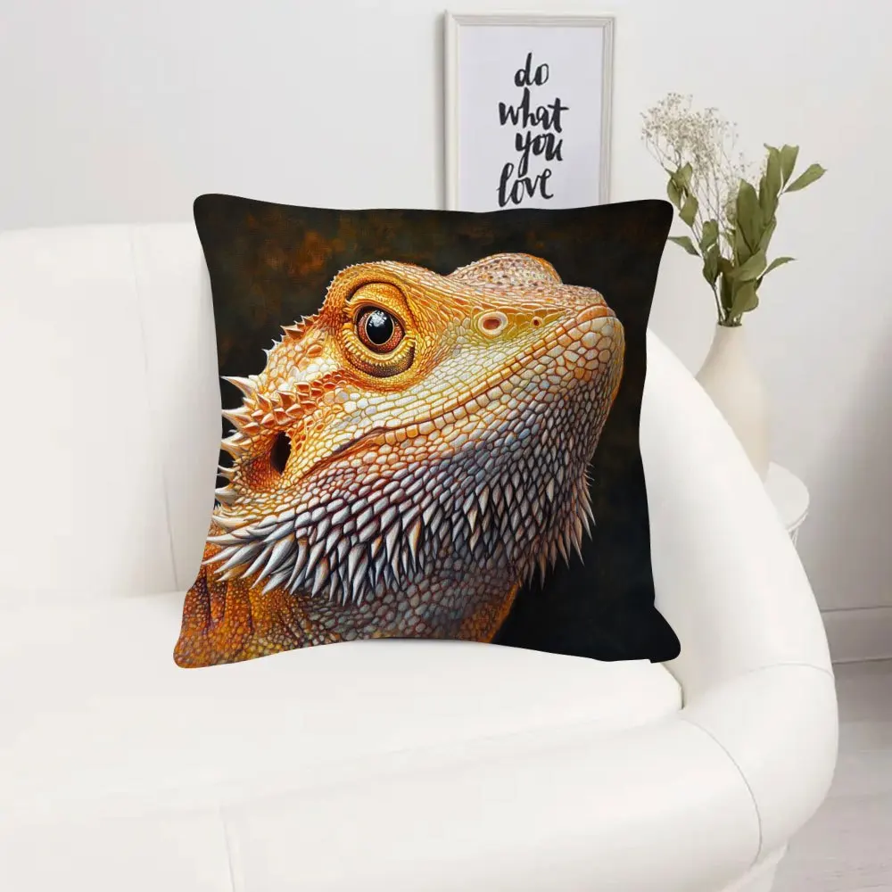 Double Sided Bearded Dragon Lizard Portrait Art Decorative Throw Pillow Case Reptile Theme Zip Cushion Cover for Sofa Home