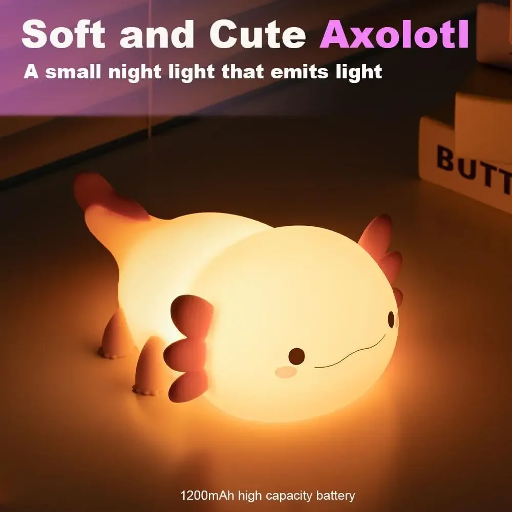 Cute Axolotl Night Light , Animal Silicone Night Lamp Touch Control Nightlights Rechargeable Bedside Lamp for Baby Children Gift