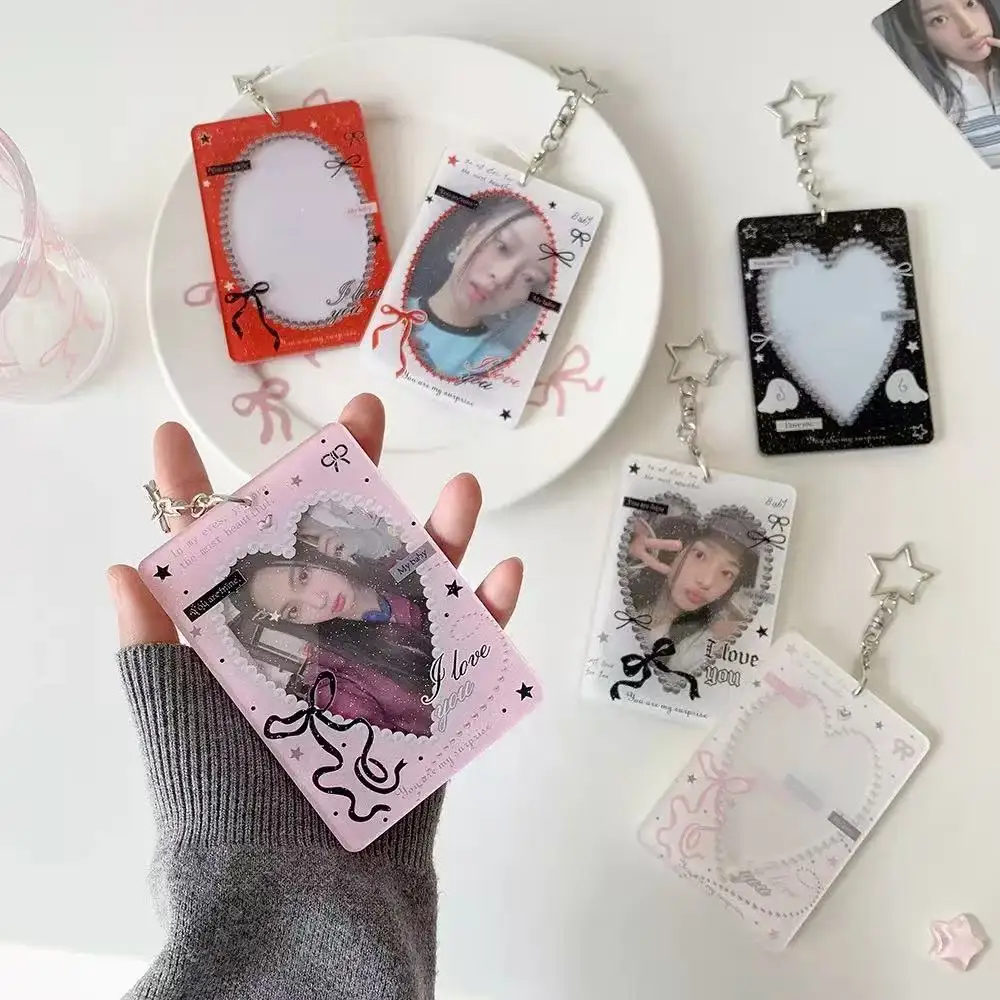 1-2pcs INS Fashion Hollow Heart 3in Card Holder Cute Girls Idol Photo Storage Card Bag Decoration Student Pendant Keychain Gifts image 5