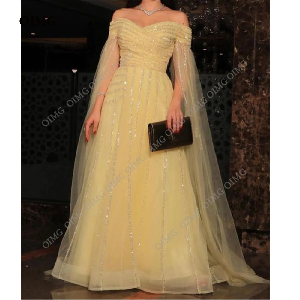 

OIMG Sparkly Yellow Long Shiny A-Line Sweetheart Evening Gowns Prom Dresses Full Jacket Sleeves Sequined Wedding Party Dress