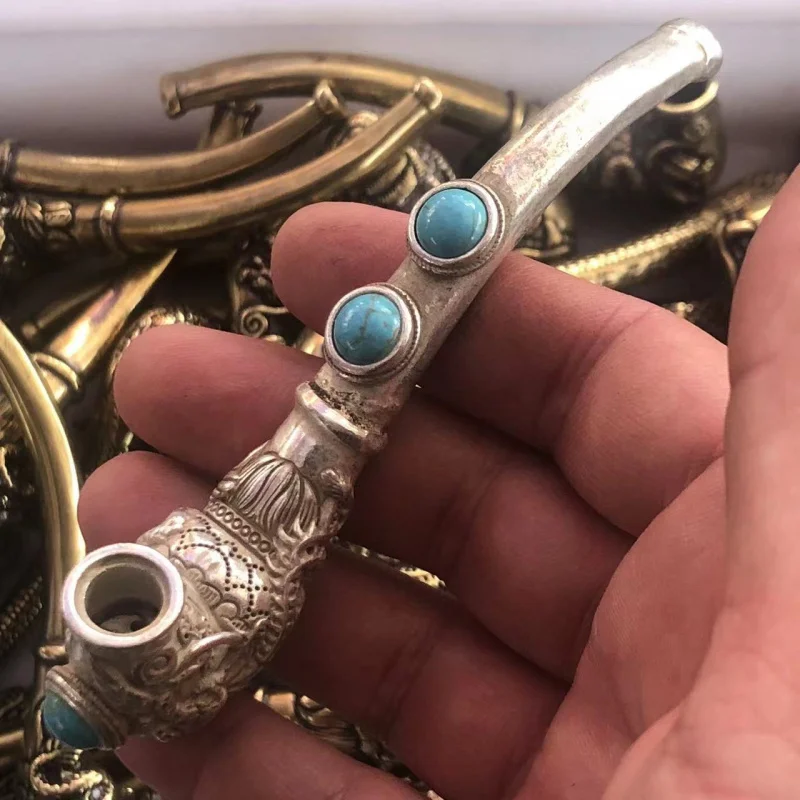 Antique Miscellaneous Antique Old Crafts White Copper Silver-Plated Green Inlaid Turquoise Dragon and Phoenix Faucet Cigarette H