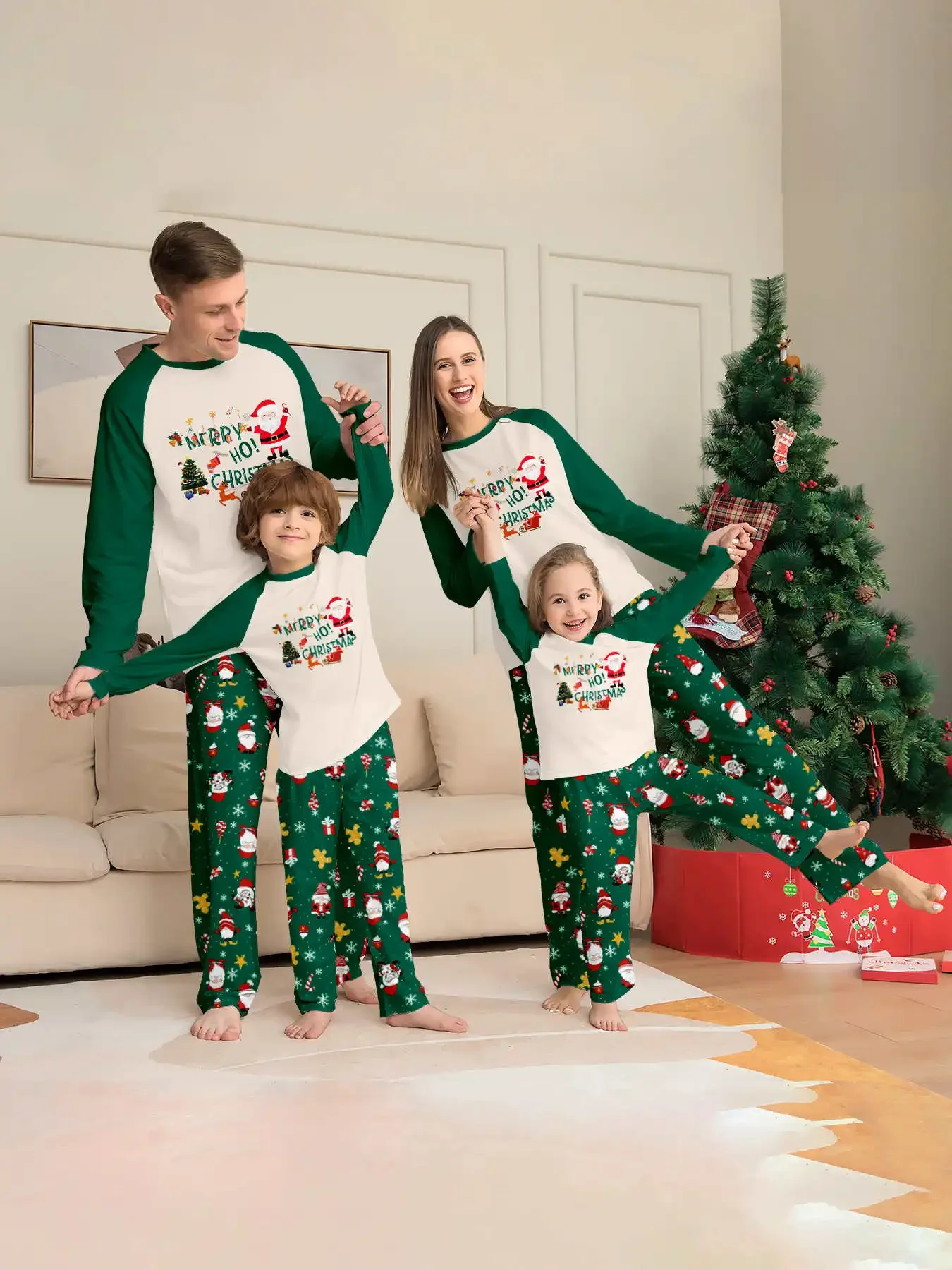 

New Year Green Striped Printed Family Christmas Pajama Set, 2025 New Adult And Children's Family Matching Clothing Loose Pajama