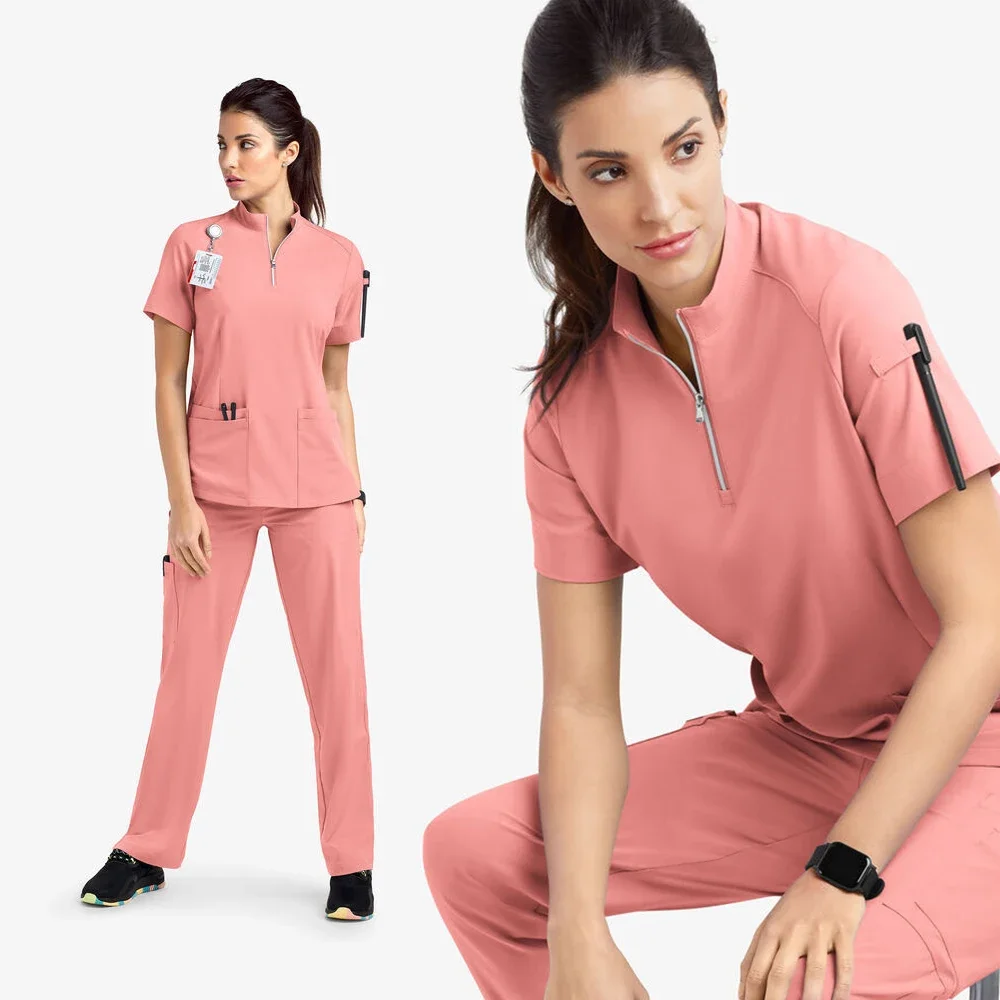 Mulheres 4-Pocket Zip-Neck Manga Curta Scrub Top, Uniformes de Enfermeira, Acessórios Médicos, Hospital Médico Uniforme