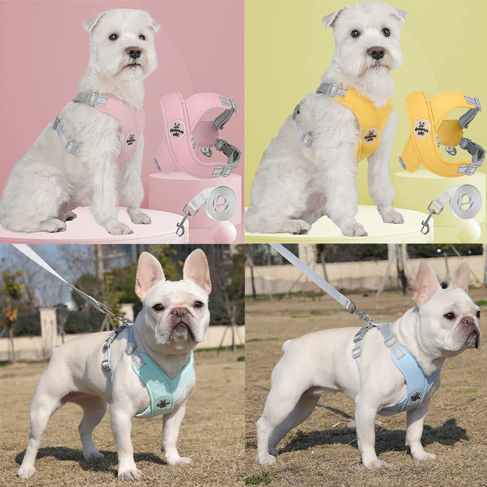 Conjunto de correa de arnés transpirable para perro, chaleco reflectante para Bulldog Francés, perros pequeños y medianos, Collar para cachorros,