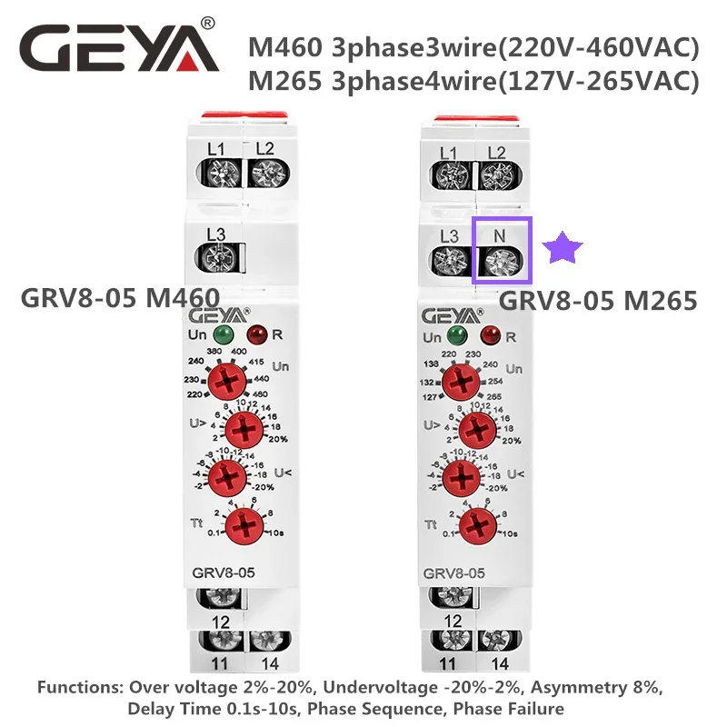 Geya 3 Fase Spanning Bescherming Relais Fasevolgorde Fase-uitval Bescherming Relais 8A 10A 1Spdt 2Spdt