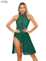 Vestido de baile lírico moderno para mujer, leotardo asimétrico de tul brillante con diamantes de imitación, falda de Ballet, ropa de baile de competición