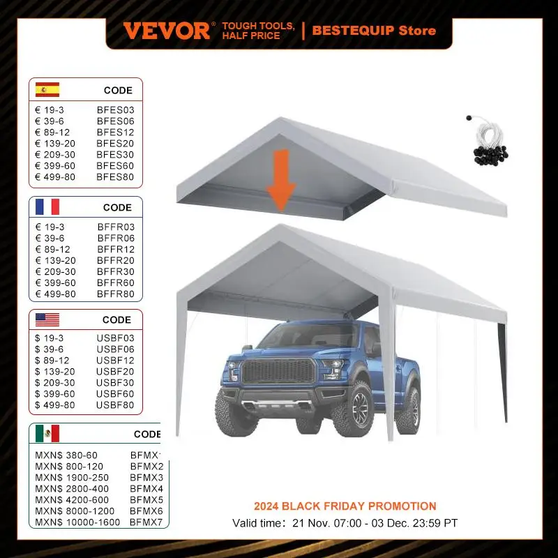 VEVOR Carport Replacement Canopy Cover 10 x 20 ft Garage Top Tent Shelter with Ball Bungees (Only Top Cover Not Include Frame )