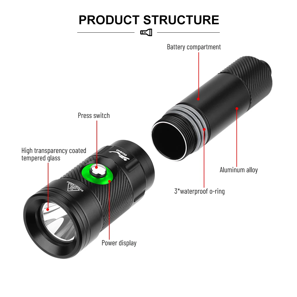 Asafee DT18 LED Professional Diving Light 100M Depth Scuba Dive Flashlight Use 18650 Battery Lamp Portable Ultra Powerful Torch
