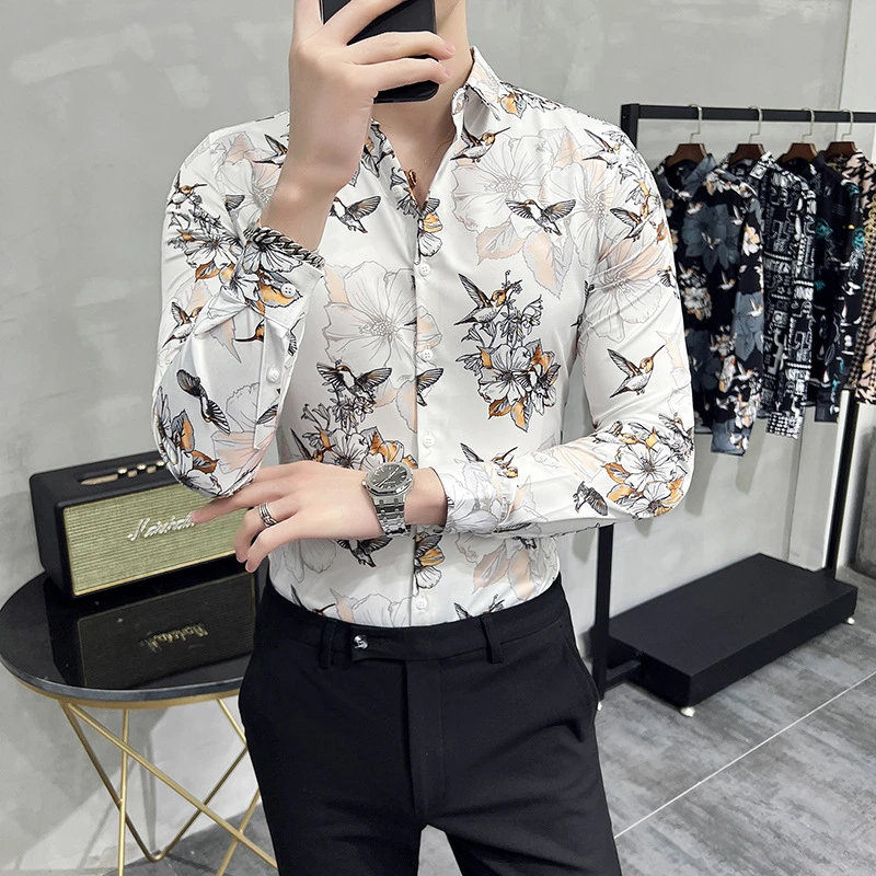 

6XL 2024 Spring New Men Vintage Social Flower Shirt Slim Fit Long Sleeve Shirt Mens Luxury Casual Dress Shirts Man Chemise Homme