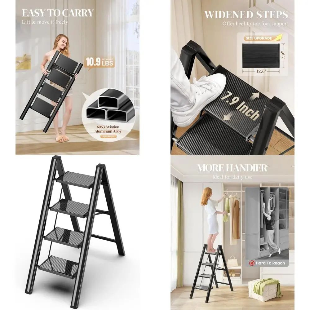 

Folding Step Ladder with Wider Treads, Anti-Slip Surface, Aluminum Construction, 300 lbs Capacity, Elegant Piano Black Finish