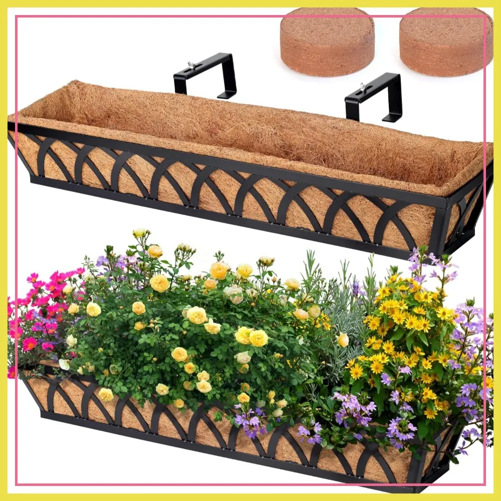 

36 Inch Black Metal Hanging Flower Planter Basket with Coco Liner for Outdoor Balcony Porch Fence Patio - 2 Pcs/Set