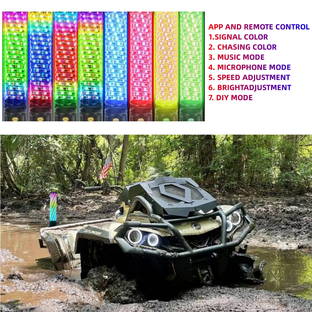 2PCS 1FT Spiral LED Fat Whip Lights Antenna RGB Chasing For Can-am X3 RZR UTV ATV