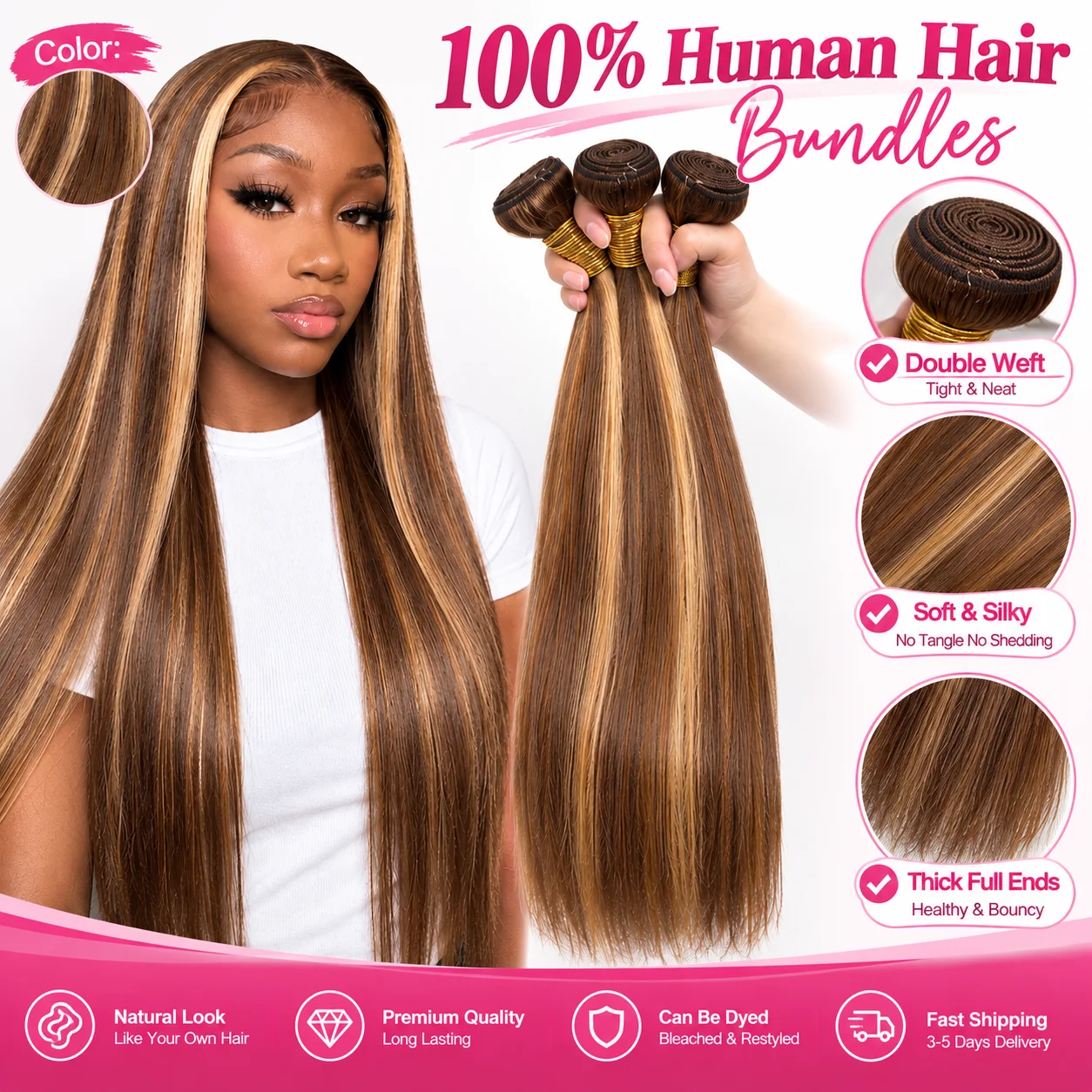 P4‑27 Piano Highlight Straight Human Hair Bundles 100% Brazilian Remy Human Hair Weave Hand‑made Weft Soft Thick No Shedding Tangle‑Free Brown Honey Blonde Hair Extensions For Women 12‑26 Inch
