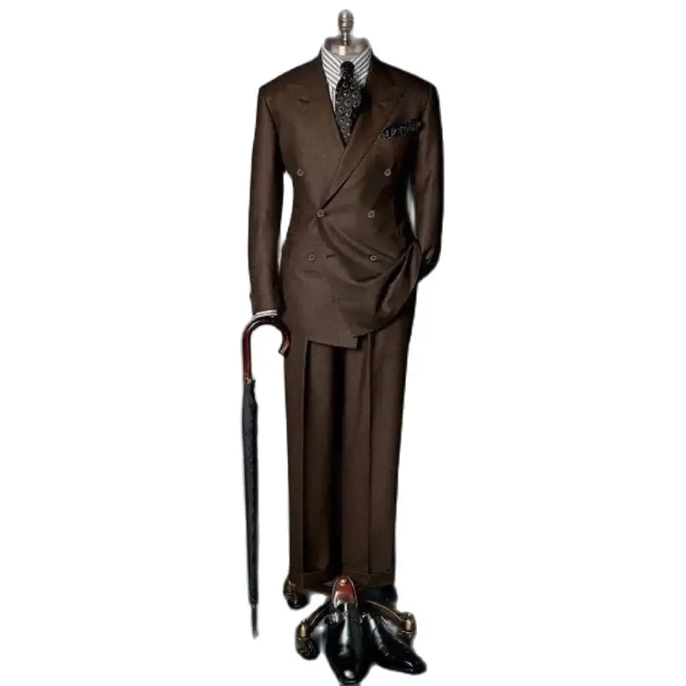 High-end Brown Men Suit 2 Pieces (Blazer+Pants) Elegant Peak Lapel Double Breasted Gentleman Fashion Prom Party Wedding Set