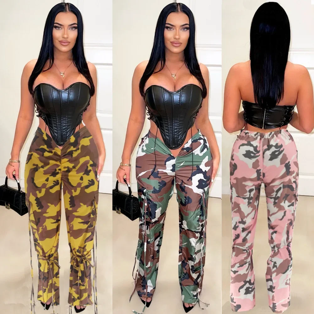 Women Pocket Side Wide Leg Straight V-waist Camouflage Print Pants 2024 Fashion Street Autumn Cargo Safari Trousers