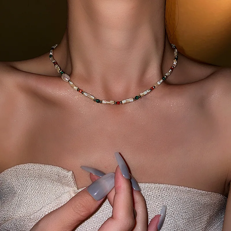 

Natural Baroque Pearl Tiger Eye Choker Necklace for Women Men Bohemian Colored Beads Chain Necklace French Retro Collar Jewelry