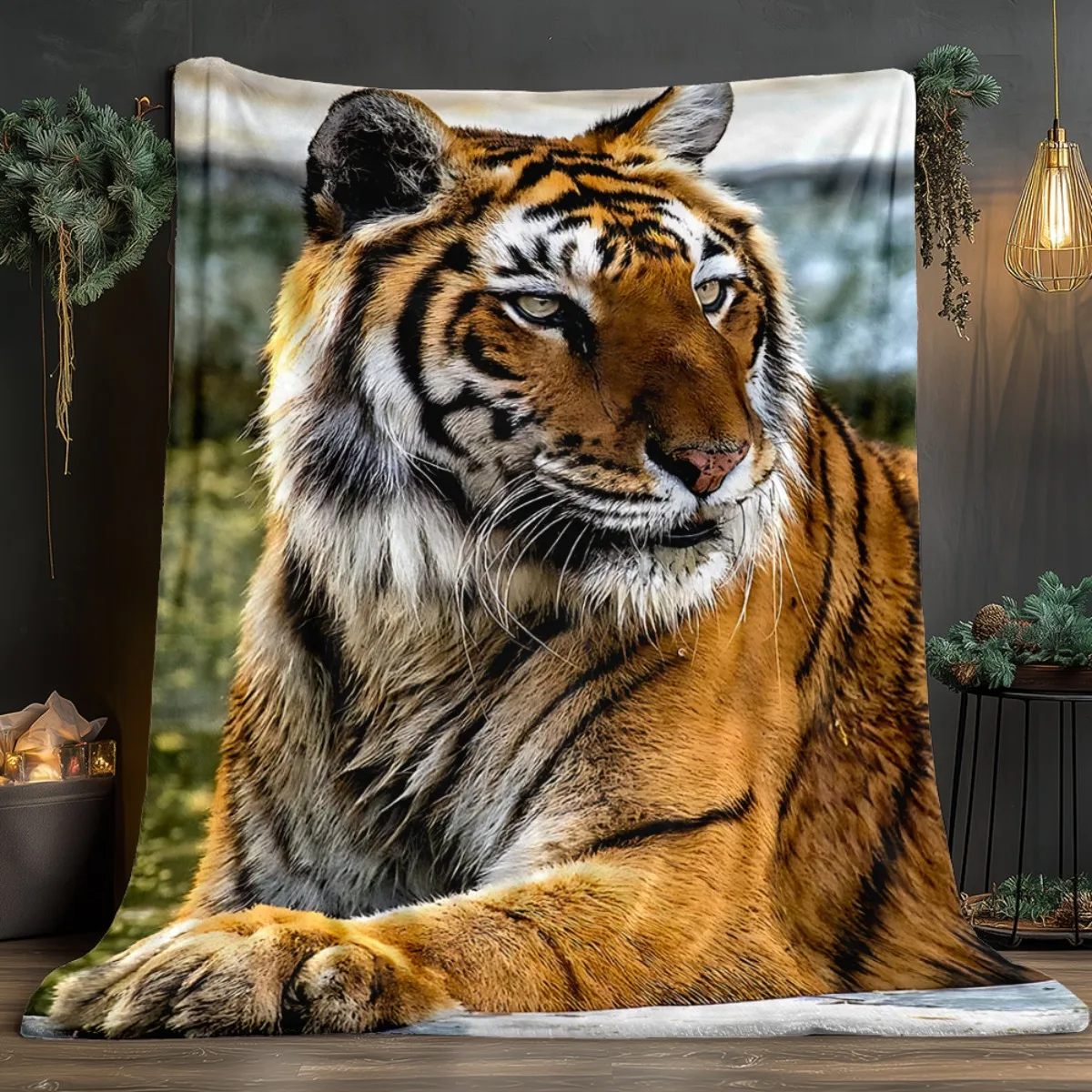 Tiger portrait flannel blanket wild animal print soft blanket nature themed home decor luxury throw