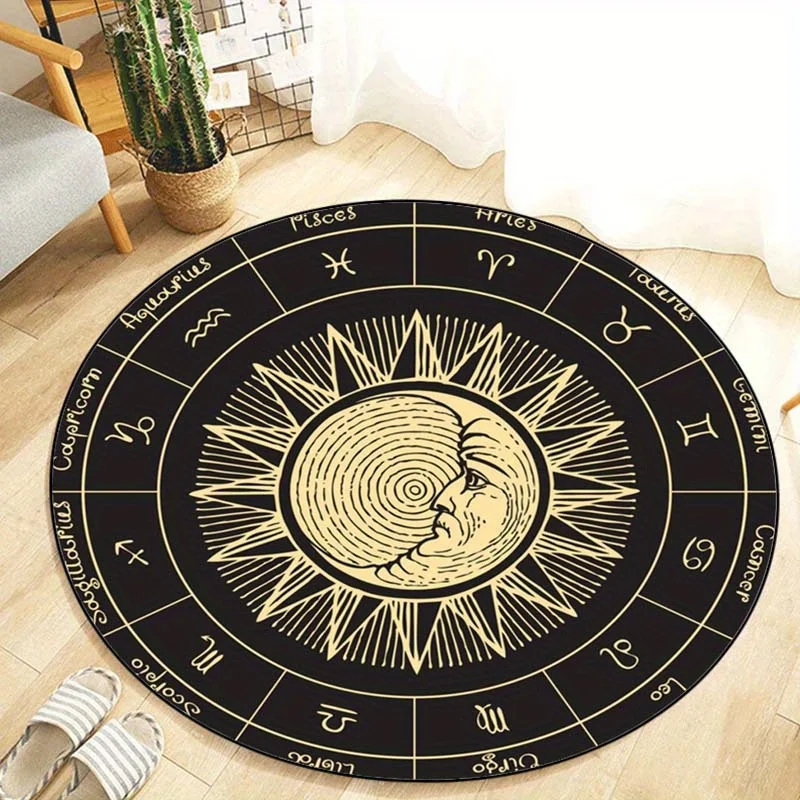 

1pc Polyester Constellation Round Rug - Sun Moon Zodiac Printed Non-Slip Mat for Patio, Garden, Bedroom, Living Room