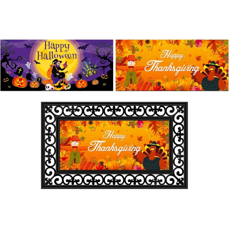 

2 interchangeable entrance doormat inserts for holidays Halloween, Thanksgiving, autumn and winter