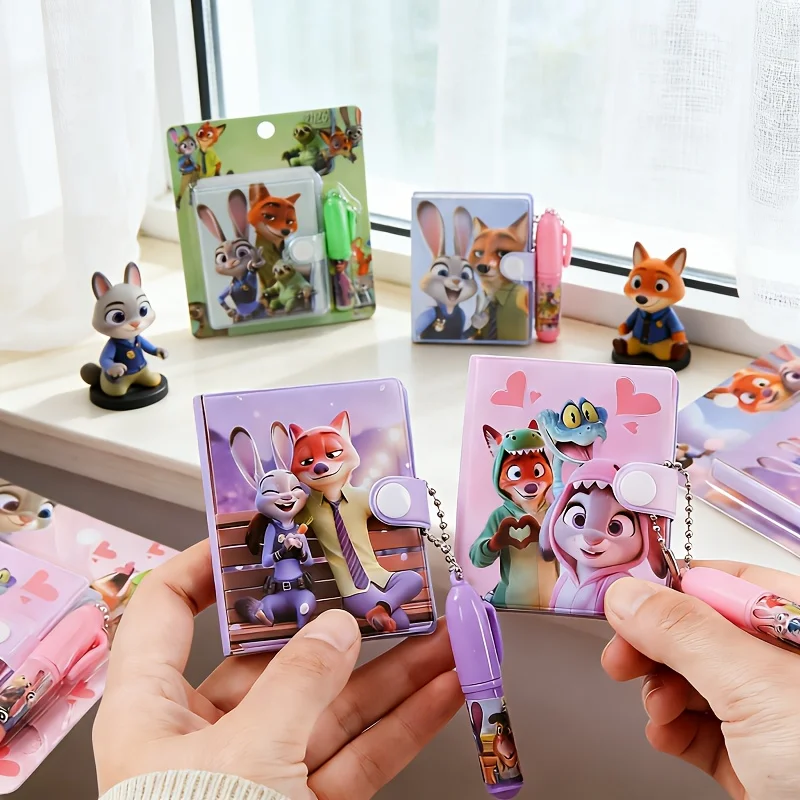 2pcs/set Disney Zootopia Theme Mini Notebook with Ballpoint Pen, Cartoon Pocket Notepad Stationery Set School  Birthday Gift