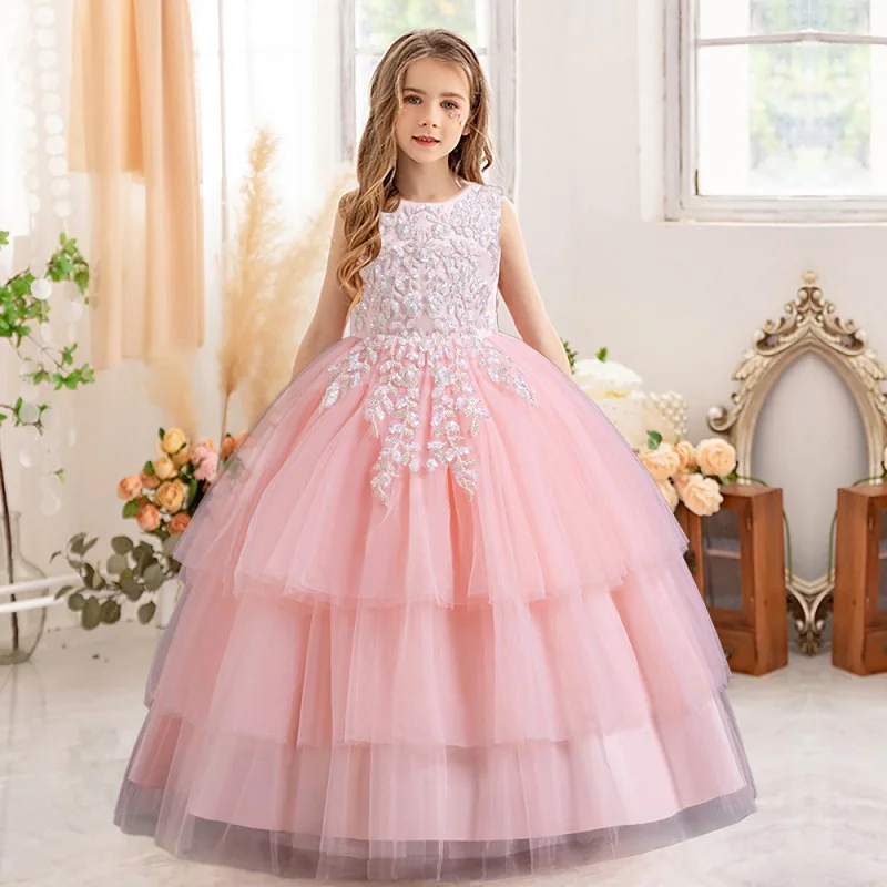 Girl\'s embroidered sequin princess dress Ages 4-14 Fashionable bow long mesh dress carnival birthday party performance dress