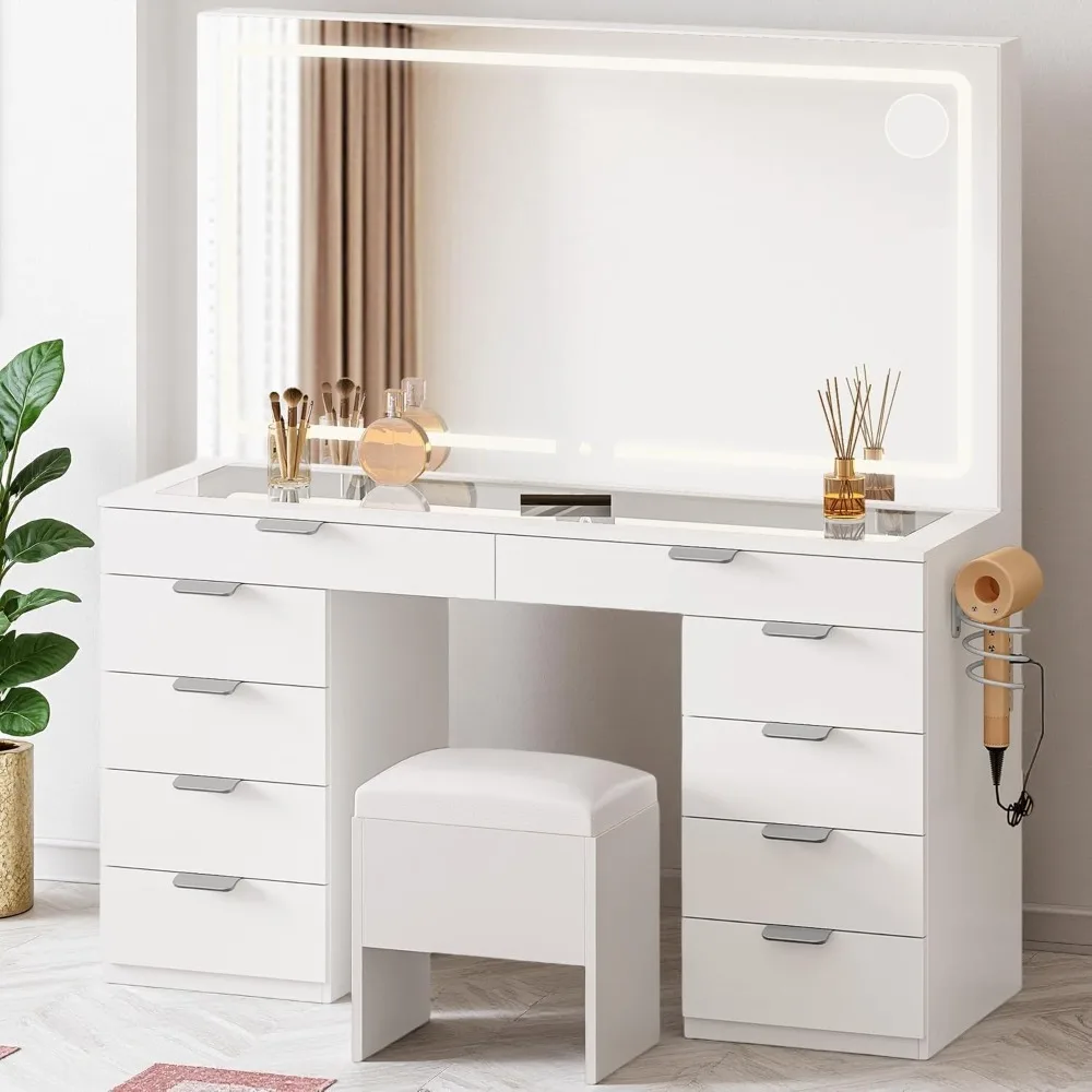 Makeup Vanity Table with Stool, Large Mirror, 10 Drawers, LED Lights with 3 Color Settings, USB & Power Outlets, Glass Top