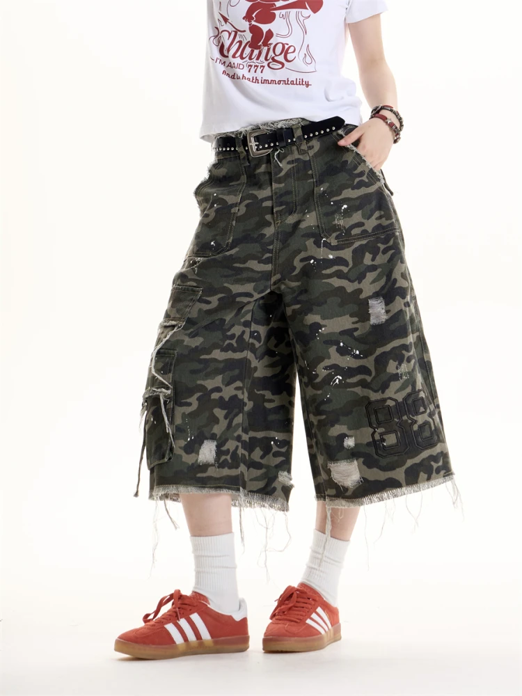 

Камуфляжные рабочие брюки в американском стиле ретро, свободные прямые брюки, модная уличная одежда, джинсы на семи футов для молодых женщин, высокая талия, молния