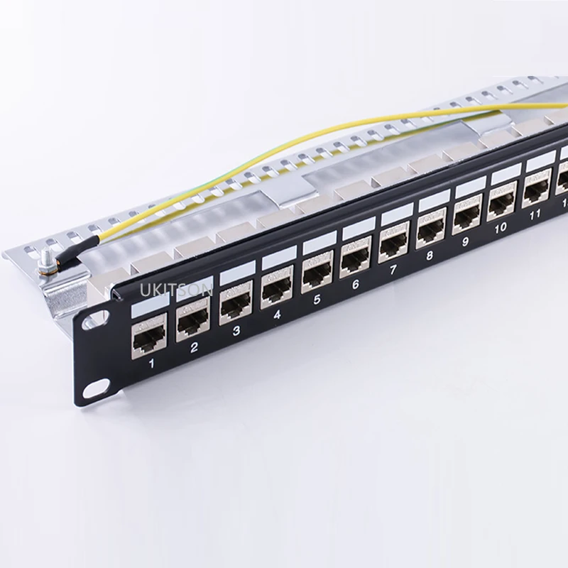 Patch Panel 24 Ports Shield CAT6A RJ45 Keystone 10G Support Pass-Thru Coupler Plug UTP 19-Inch Network LAN Rack-Mount Frame