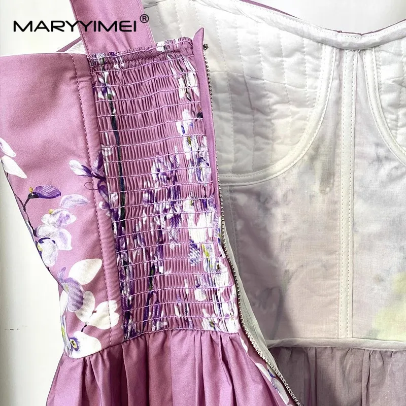 MARYYIMEI-Vestido de algodão estampado floral violeta feminino, alça de espaguete