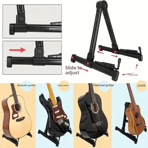 Imagen 2 del producto Soporte de guitarra plegable portátil para guitarras eléctricas acústicas y bajas, soporte de suelo ligero de ABS con marco en A y compacto plegable