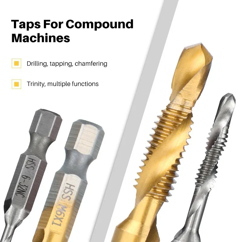 12pcs HSS Screw Thread Tap Drill Bits Set 1/4" Hex Shank Screw Spiral Point Thread Drill Machine Taps With Box Hand Tools