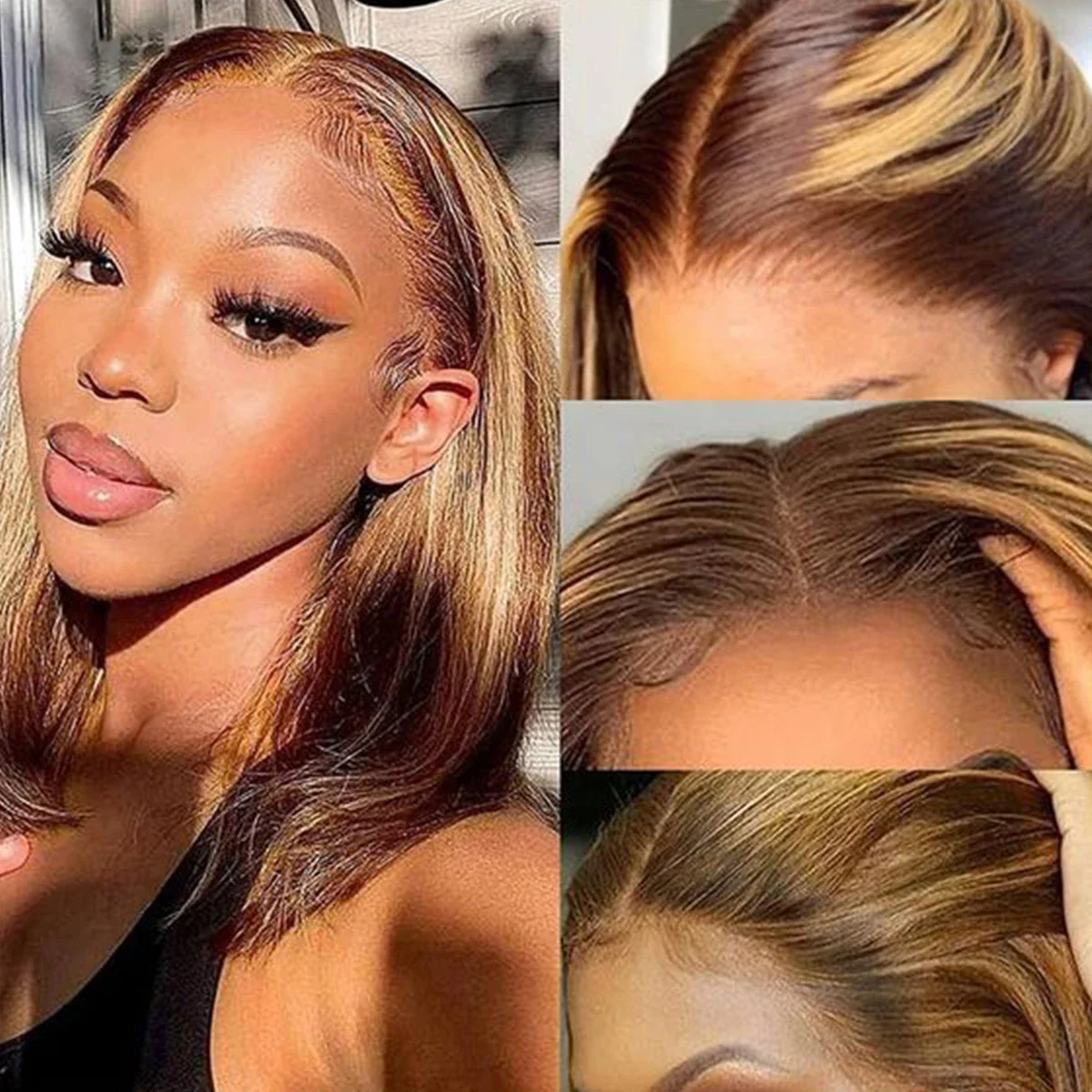 Highlight 4/27 Brown Blonde Color Straight 13x4 Lace Frontal Bob Wig Transparent Lace Human Hair Frontal Short Wig For Women