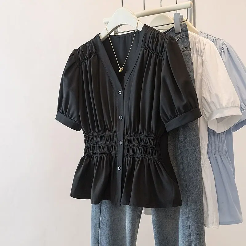200 libras de talla grande cintura elástica Oficina señora tendencia camisa y blusa de manga corta Top sólido ropa de mujer con cuello en V francés Chic