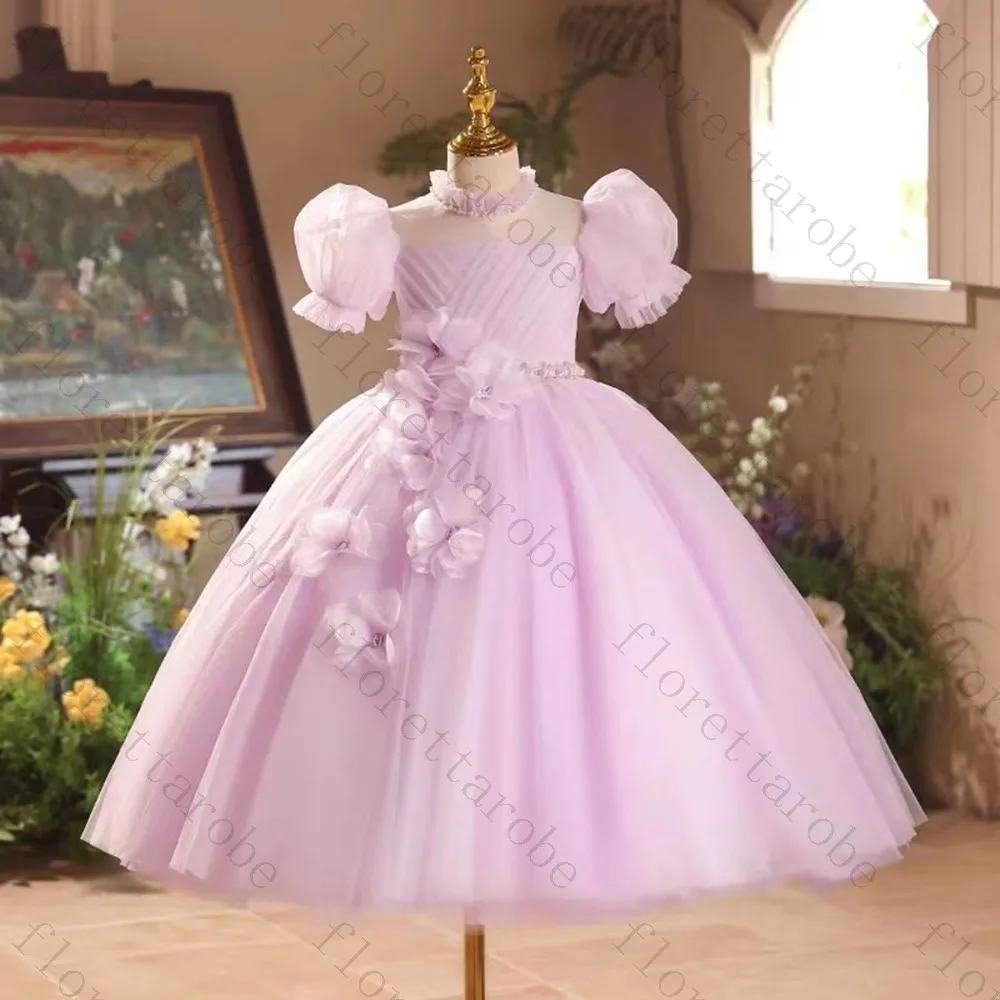Customized Pink Flower Girl Dress A Line Long Off Shoulder Puff Sleeve Tulle 3D Flower Pearl Choker Wedding Kids Party Gown