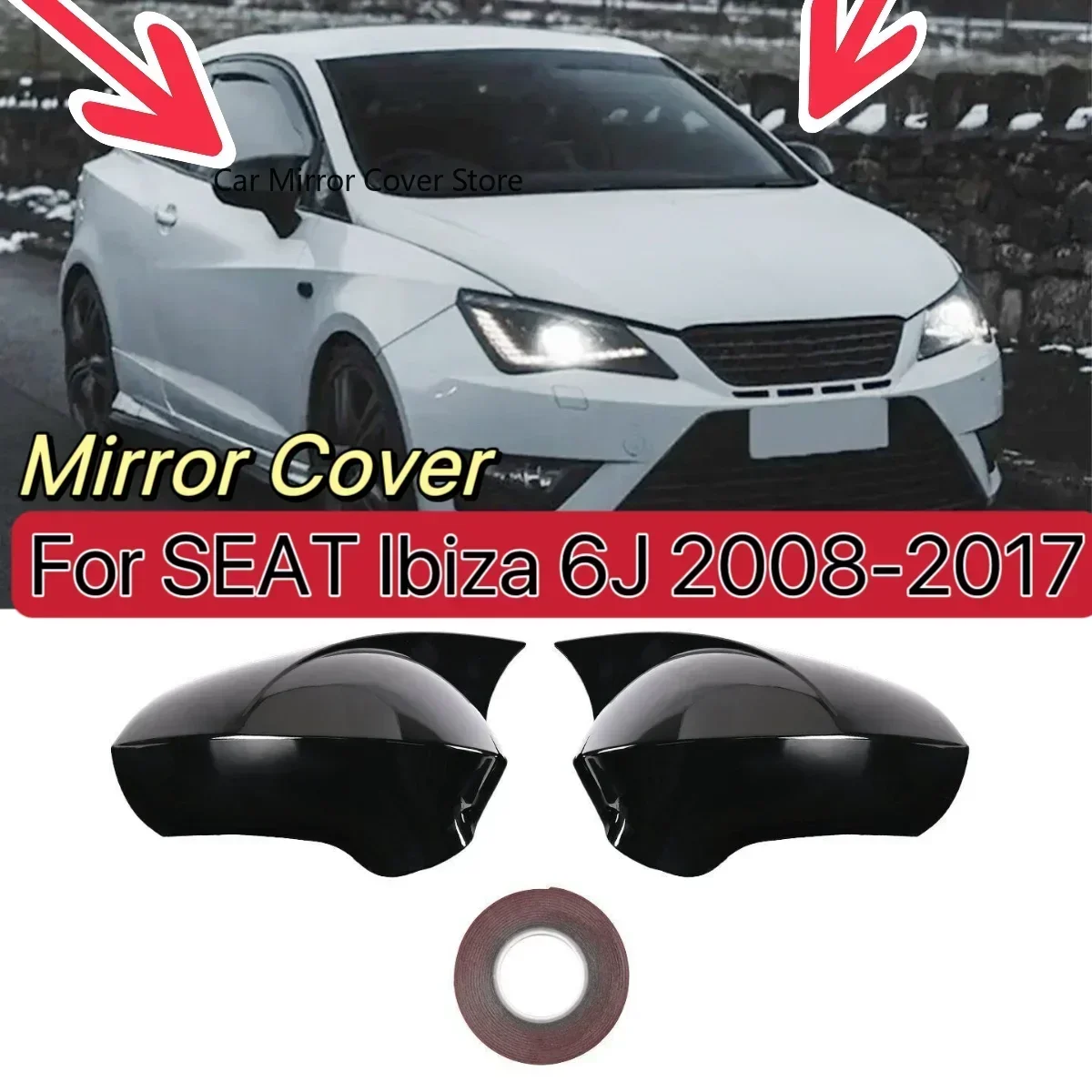 Pair Rear View Mirror Cover For SEAT Ibiza 6J 2008-2017 Glossy Black Side Wing Mirror Cover Cap Car Mirror Housing