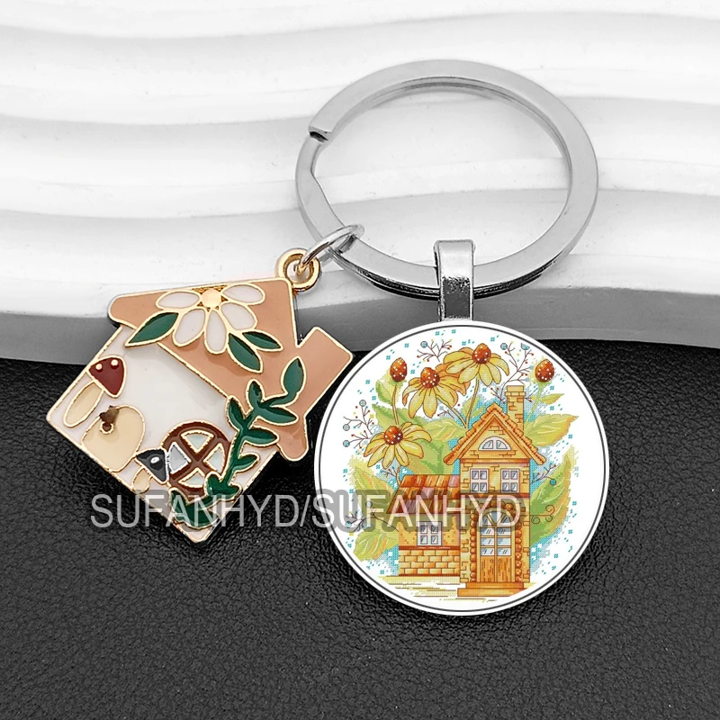 Beautiful House Key Chains Flower Cabin Keychain Glass Cabochon Cute Gift for Women and Girls
