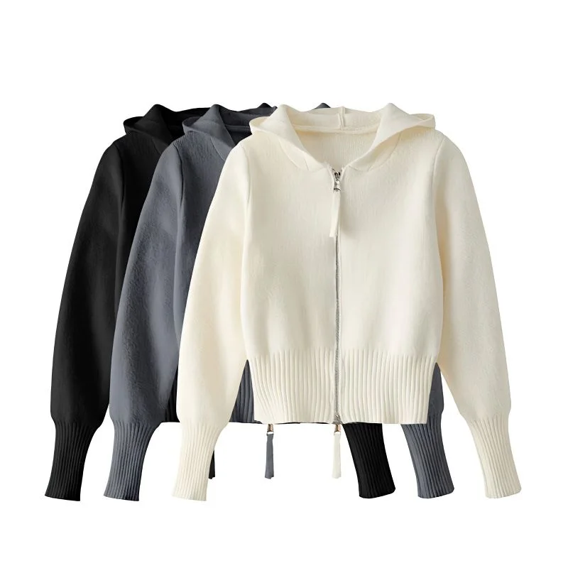 

Korean Fashion Knit Cardigan Women Sping Autumn Casual Zipper Hooded Sweater Coat Long Sleeve Soft Harajuku Knitted Tops U432