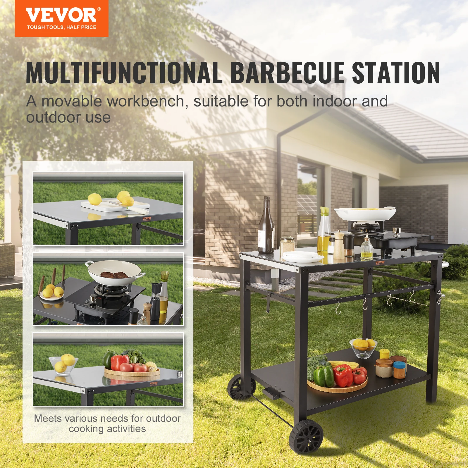 Vevor Outdoor Grill Eetkar Met Dubbele Plank, Bbq Verplaatsbare Voedselvoorbereidingstafel, Multifunctioneel Ijzeren Tafelblad, Draagbare Modulaire Karren