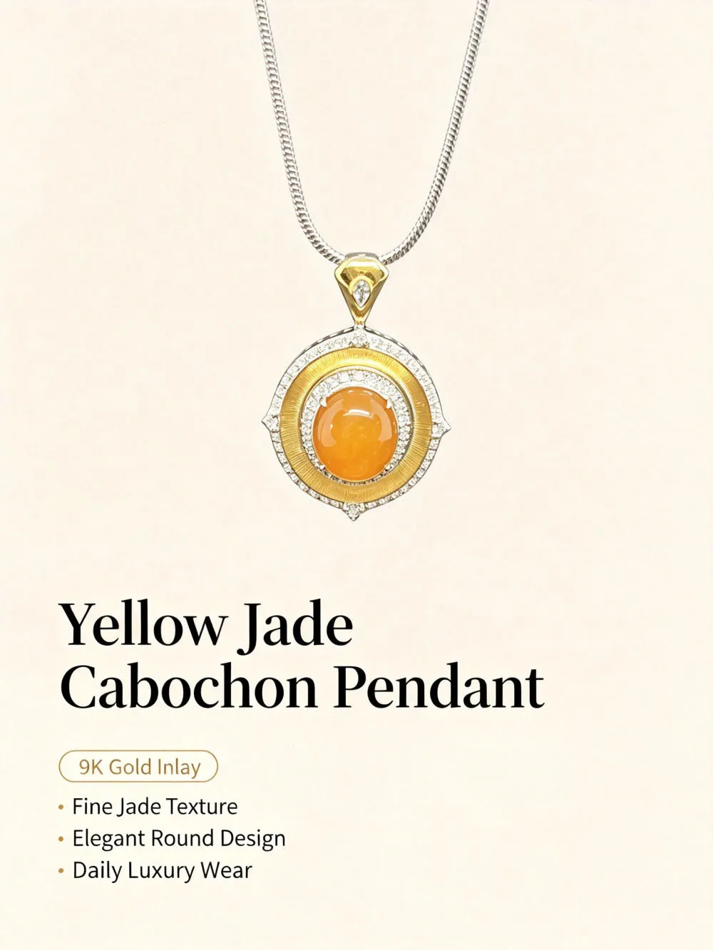 Burma A‑Grade Yellow Natural Jadeite Cabochon Pendant Solid 9K Gold Two‑Tone Zircon Halo Setting Round Fine Necklace for Women