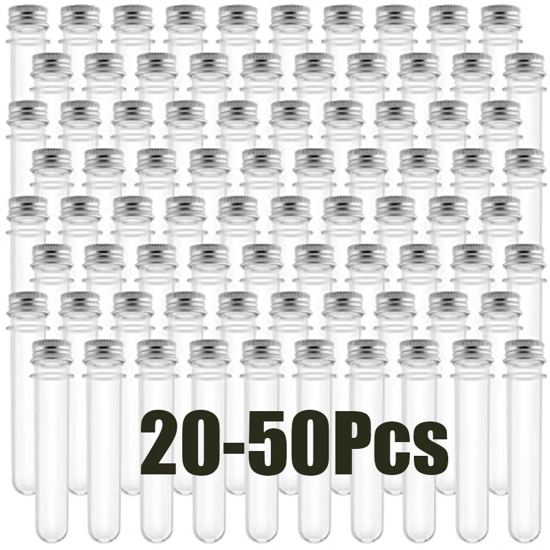 20-50Pcs Plastic Test Tube Vials with Silver Aluminum Screw Lids, Multi-Purpose Storage Tubes for Candy, Spices,Salt Packaging