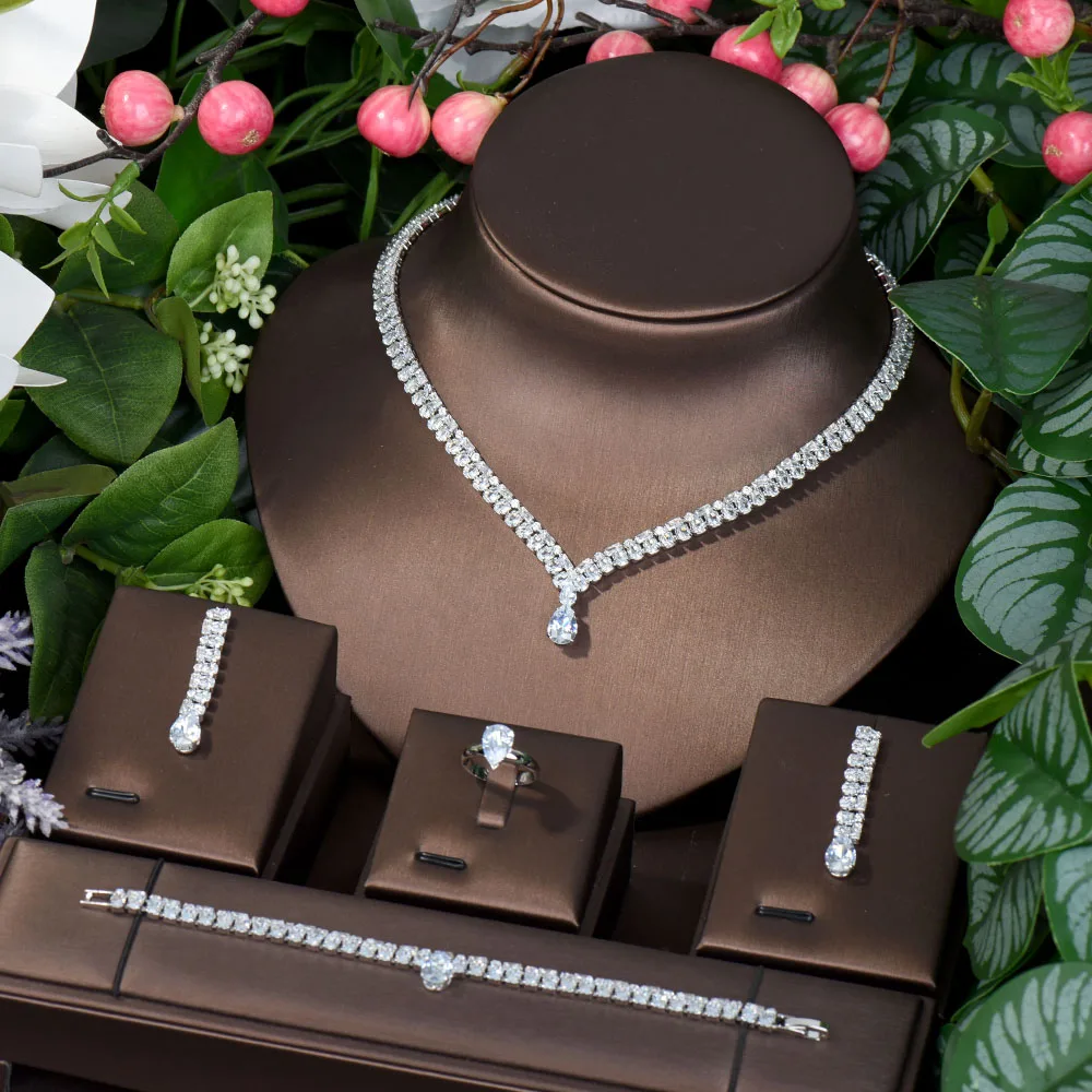 HIBRIDE Exclusive Dubai Jewelery Cubic Zirconia Set New Necklace And Earring Bracelet Ring Set Party Jewelry For Women N-710