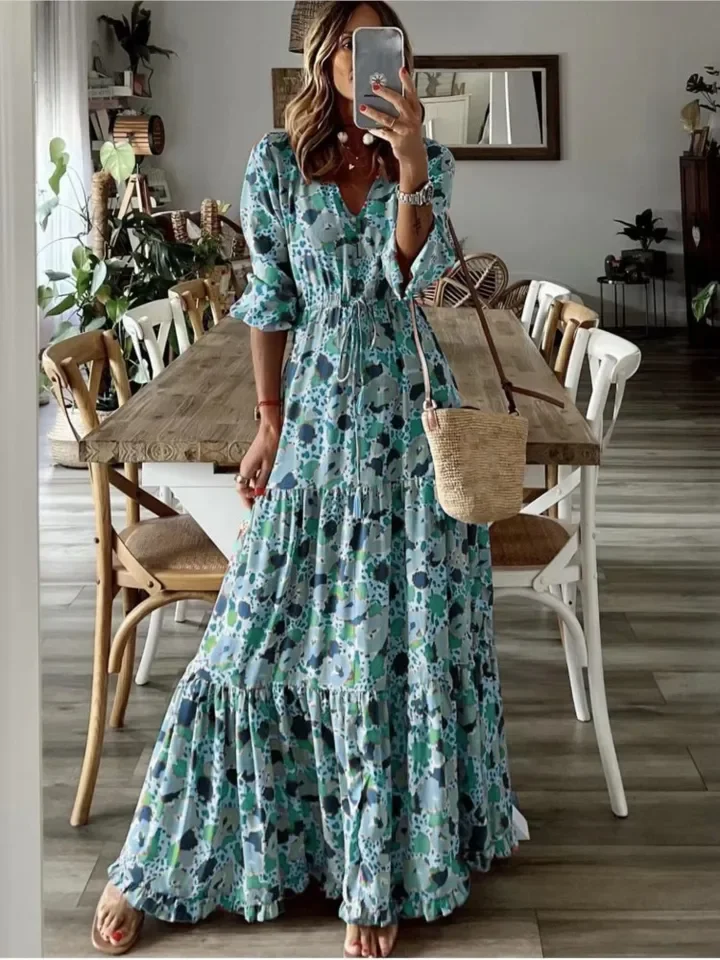 Elegant Print Dress Lady Fashion Three Quarter V Neck High Waist Loose Dresses For Women Casual Vintage Boho Holiday Clothes New