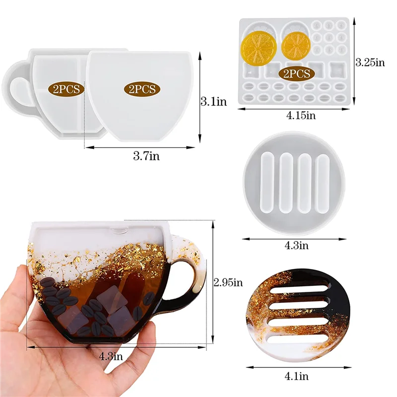 Coaster Resin Mold, 7 Pcs Coaster Molds for Epoxy Resin, Coffee Cup Shape Resin Shaker Mold with Lemon Coffee Bean Mold