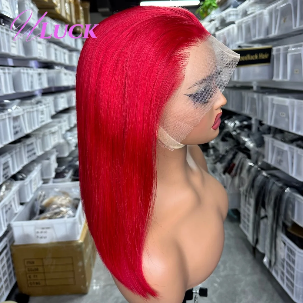 วิกผมบ๊อบตรงสีแดงอูลัค ผมแท้บราซิล 100% ความหนาแน่น 200% วิกผมลูกไม้ด้านหน้า 13x4 สวมใส่ได้ทันทีสำหรับผู้หญิง