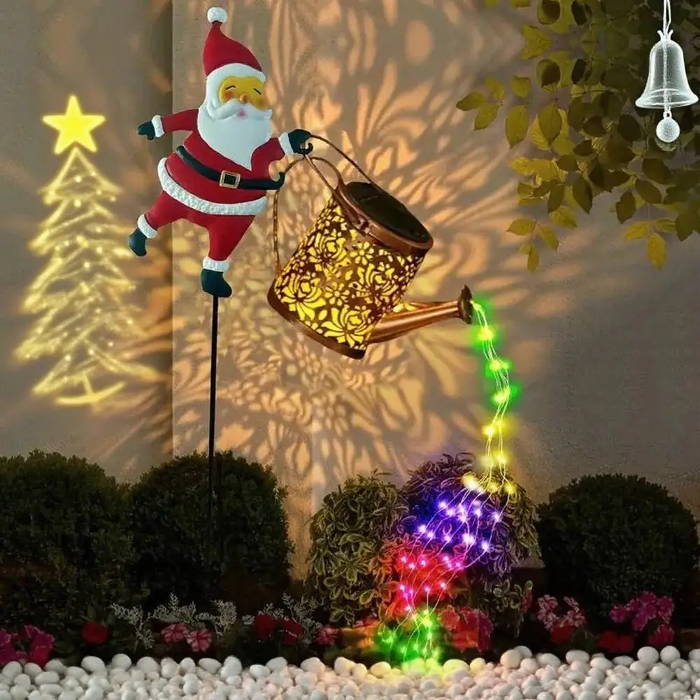 1 PC Solar Snowman Watering Can Lights Outdoor Waterfall Garden String Fairy Lights Solar Kettle Projection Light Decoration