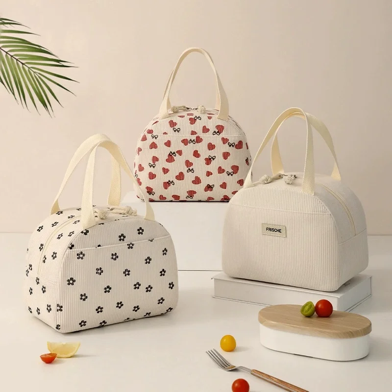 

Lunch Bag Corduroy Thermal Insulation Lunch Box Strawberry Pattern Lunch Handbag Multifunctional Women Picnic Cooler Bag