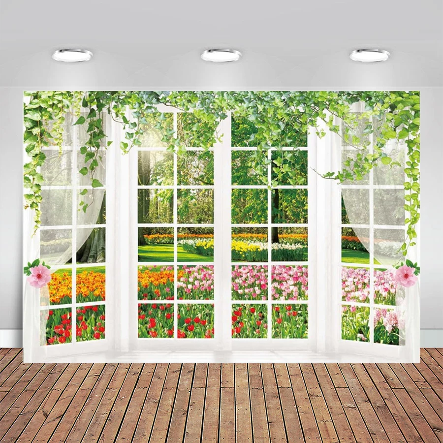 Spring Window Backdrop White Windowsill Floral Scenery Photography Background Forest Green Grass Natural Newborn Birthday Party